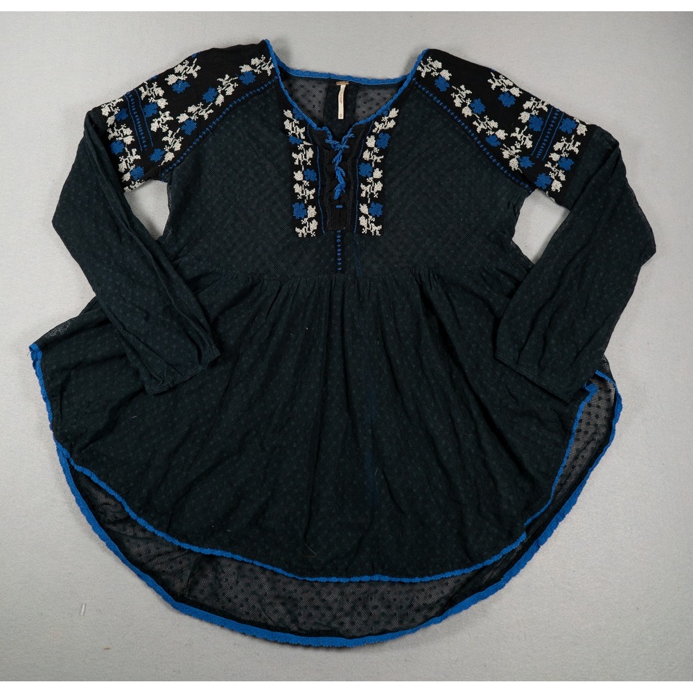 Free People Womens Tunic Top M Babydoll Embroidered Mesh Lace Up Blue Black
